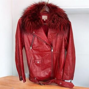 RARE Cinq a Sept Red Lamb Leather Moto Biker Jacket Fox Fir Removable Collar S